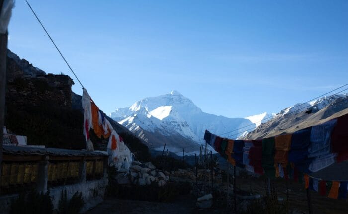 Mount Everest with prayer flags