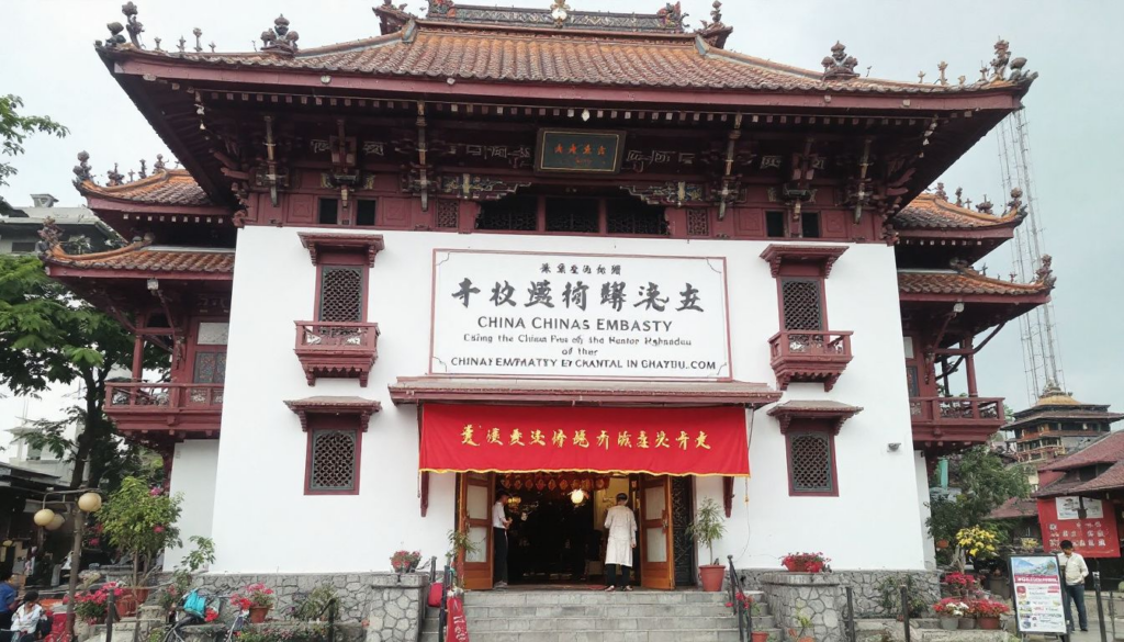 An image of the Chinese embassy in Kathmandu, a key location for obtaining a Chinese group visa for Indian citizens.