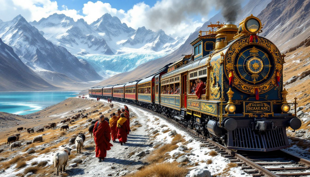 A train traveling through the stunning landscapes of Tibet, showcasing the journey for travelers entering Tibet from mainland China.