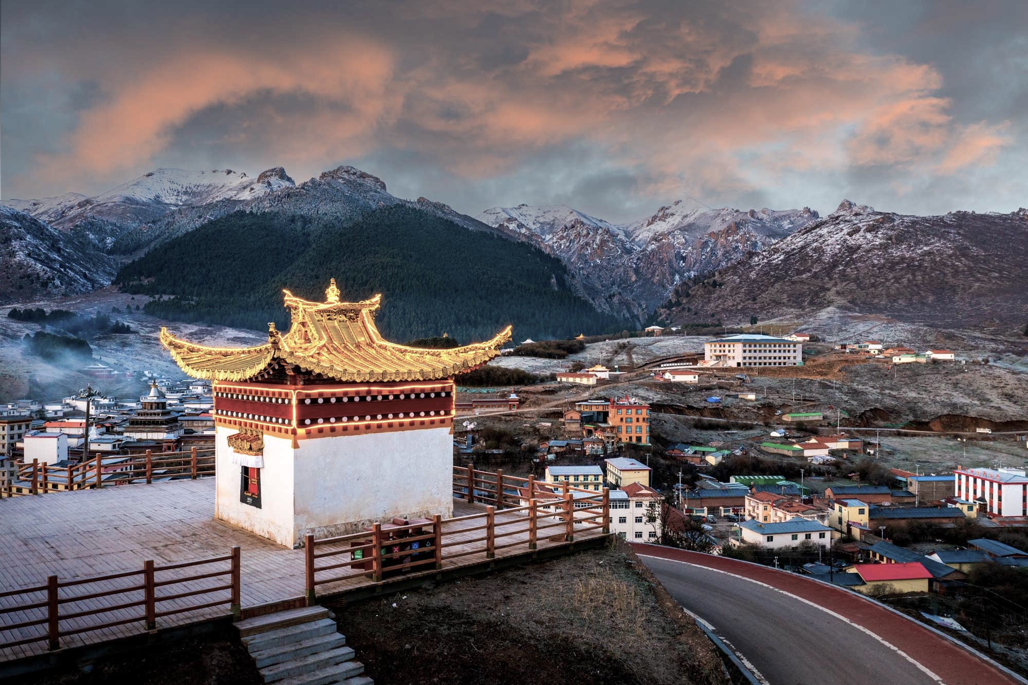 An overview of Labrang Monastery in winter